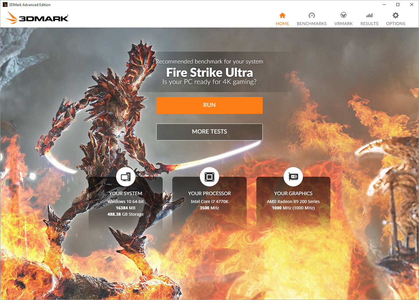 3DMark for Windows benchmark UI Home page